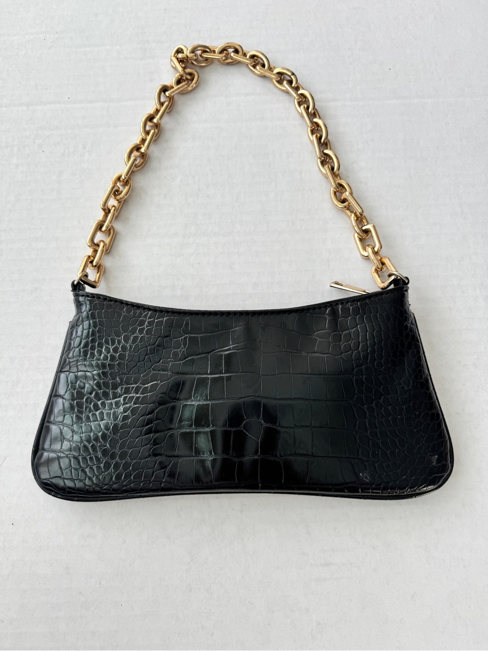 Zara Black Croc-Embossed Clutch with Gold Chain Strap